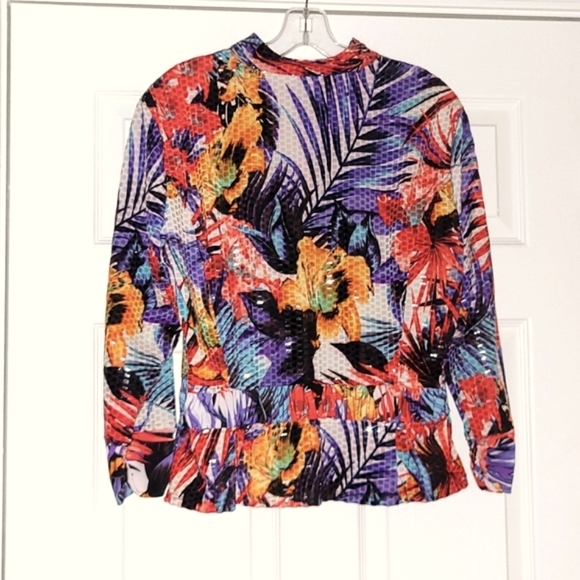 LINEER Jacket XL Multi Color Tropical Print with Shine Rouching Detail - Picture 2 of 9